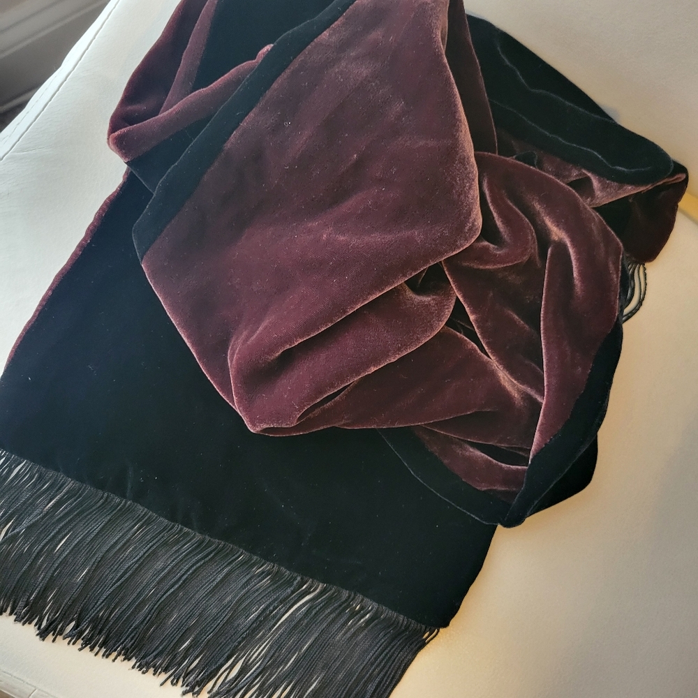 Velvet Scarf Black & Brown Fringe ~ Reversible ~ Luxurious Feel! VGUC ~ Unisex - Picture 8 of 15